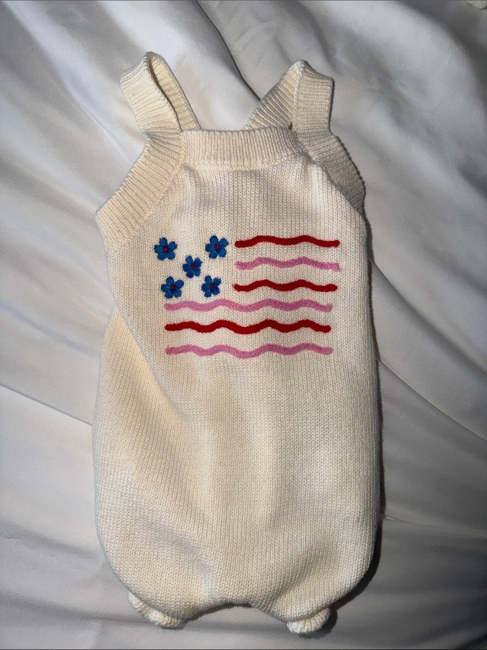 Cream Knit Baby Girl Romper with Pink & Red Stripe Flower Detail Size 0-3